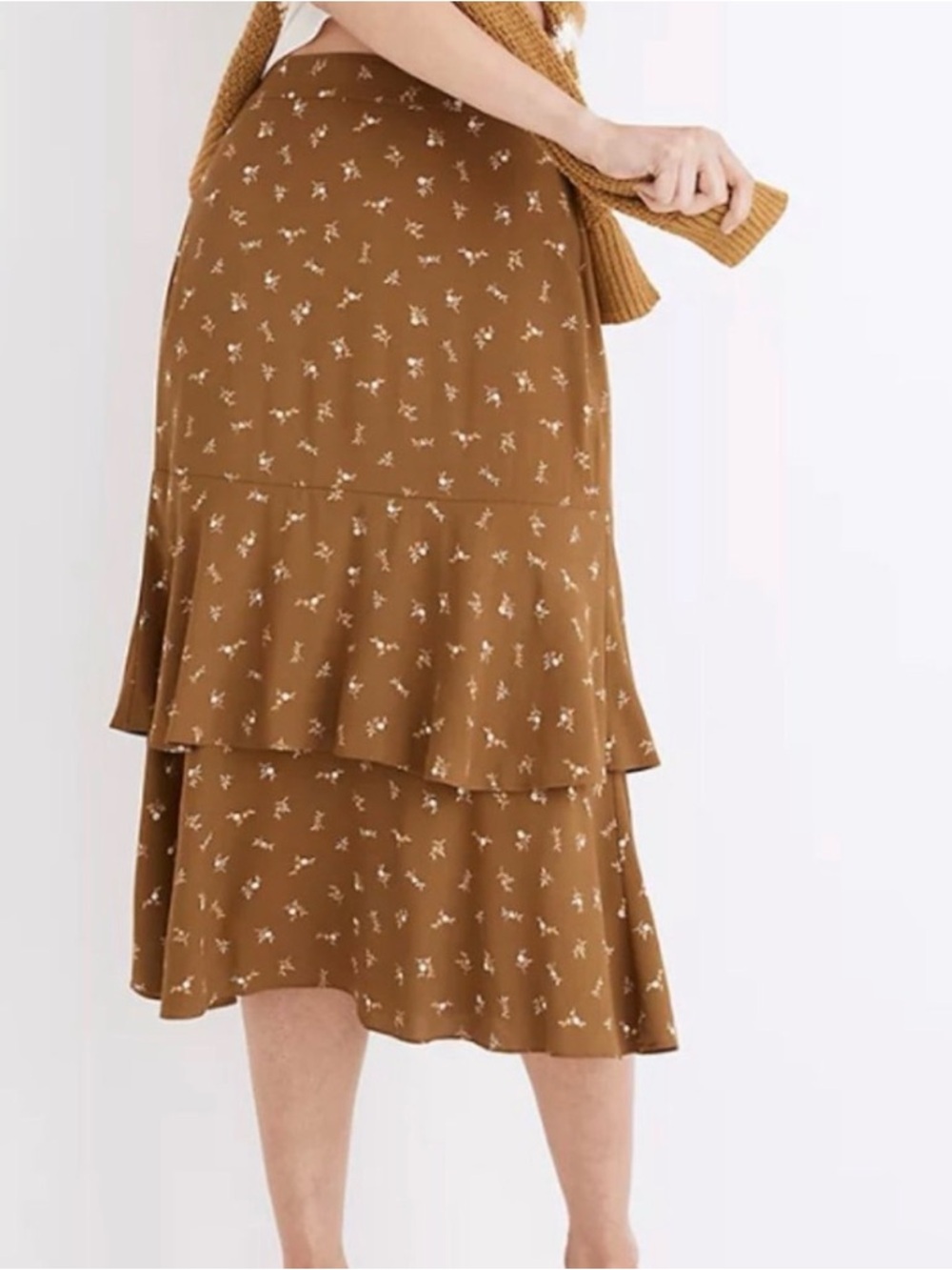 Madewell Daisy Stitch Ruffled Tiered Midi Skirt Olive Brown - XS